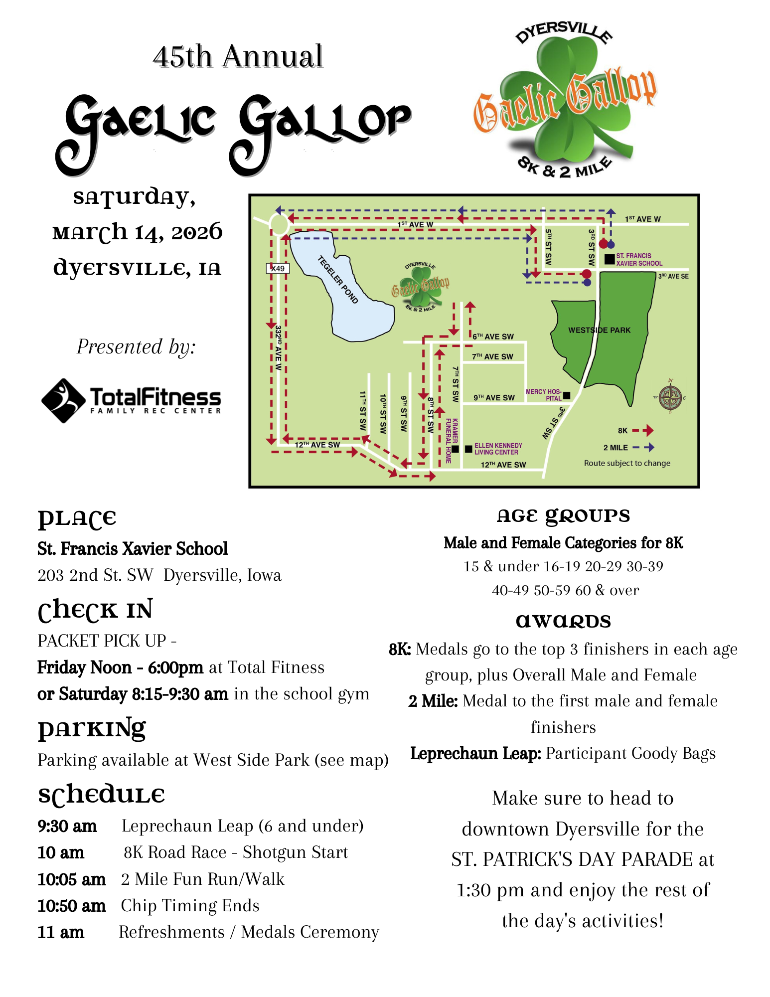 Flyer for the 45th Annual Gaelic Gallop, a running event in Dyersville, IA, with a map and schedule.