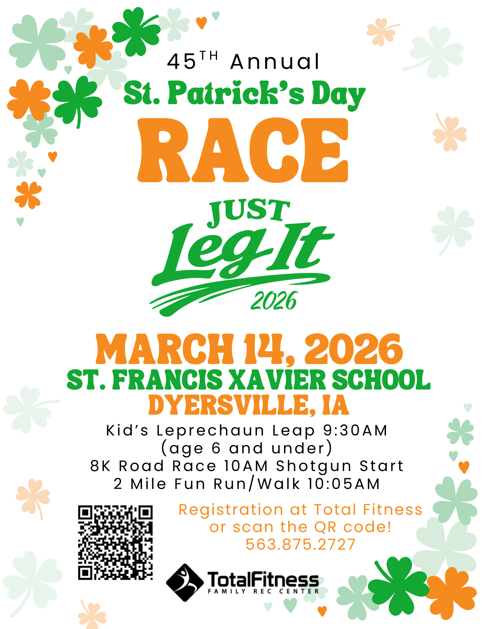 St. Patrick's Day Race flyer, March 14, 2026, at St. Francis Xavier School, Dyersville, IA. Includes race details and registration info.