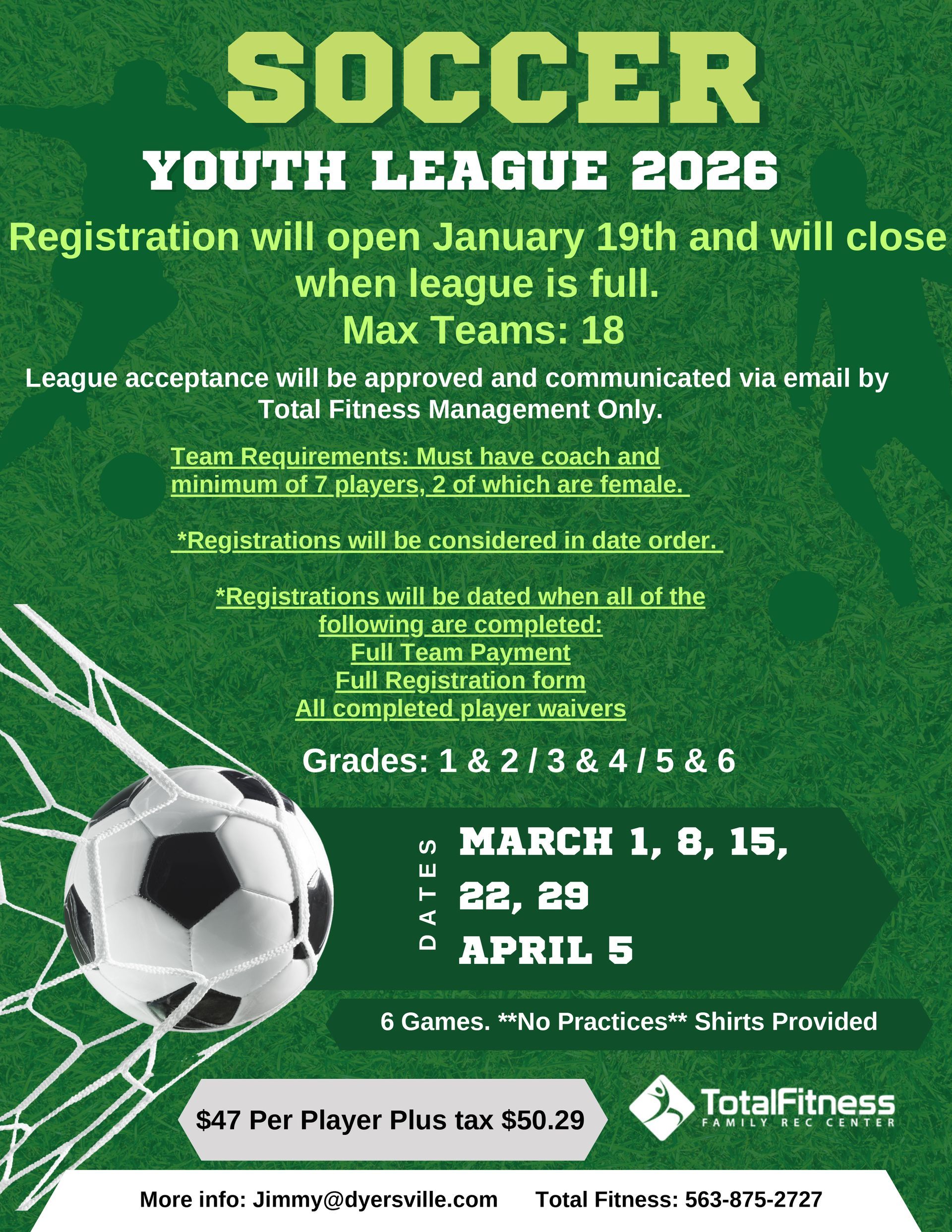Soccer Youth League flyer with dates, grades, and registration details, green background.