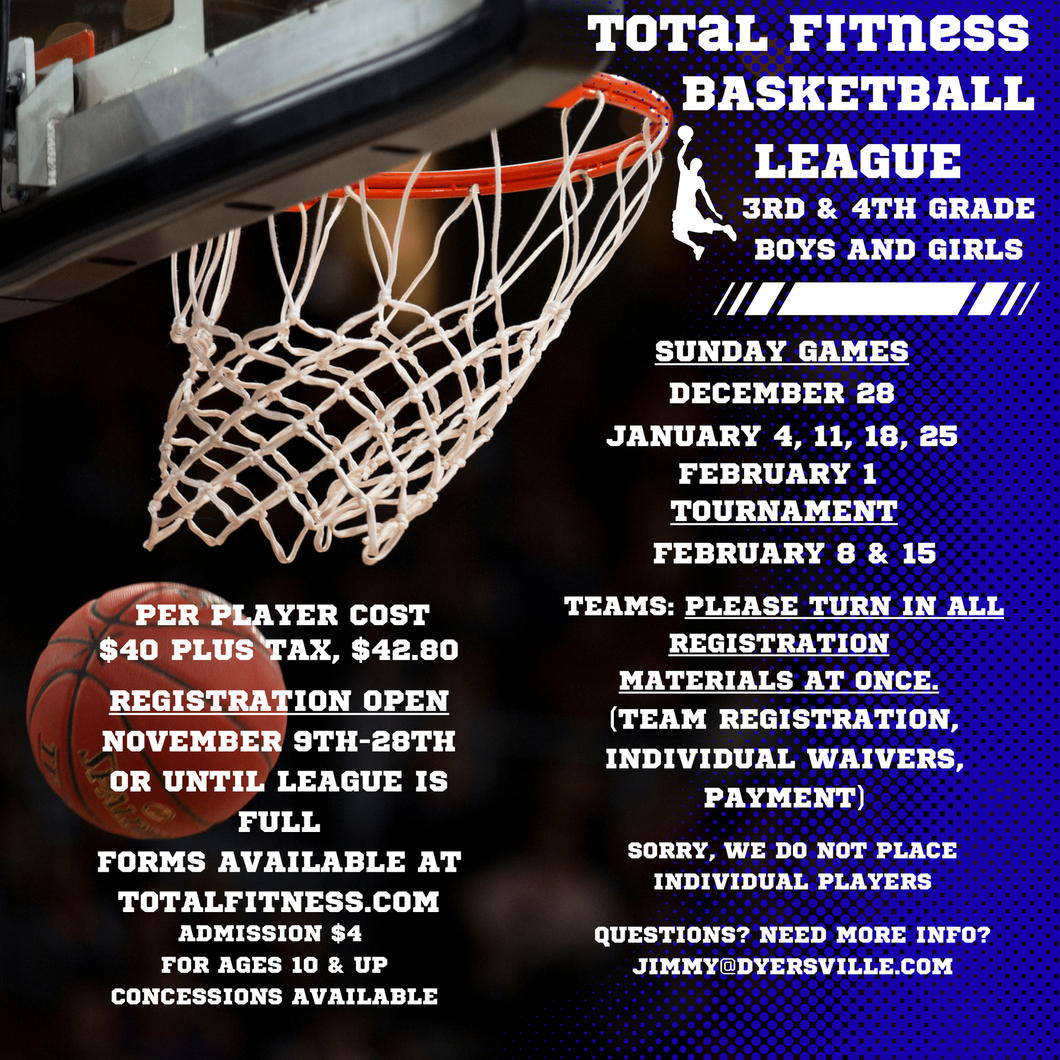 Basketball league flyer with hoop and ball, games on Sundays in December, January & February. Registration opens Nov 9th-20th.