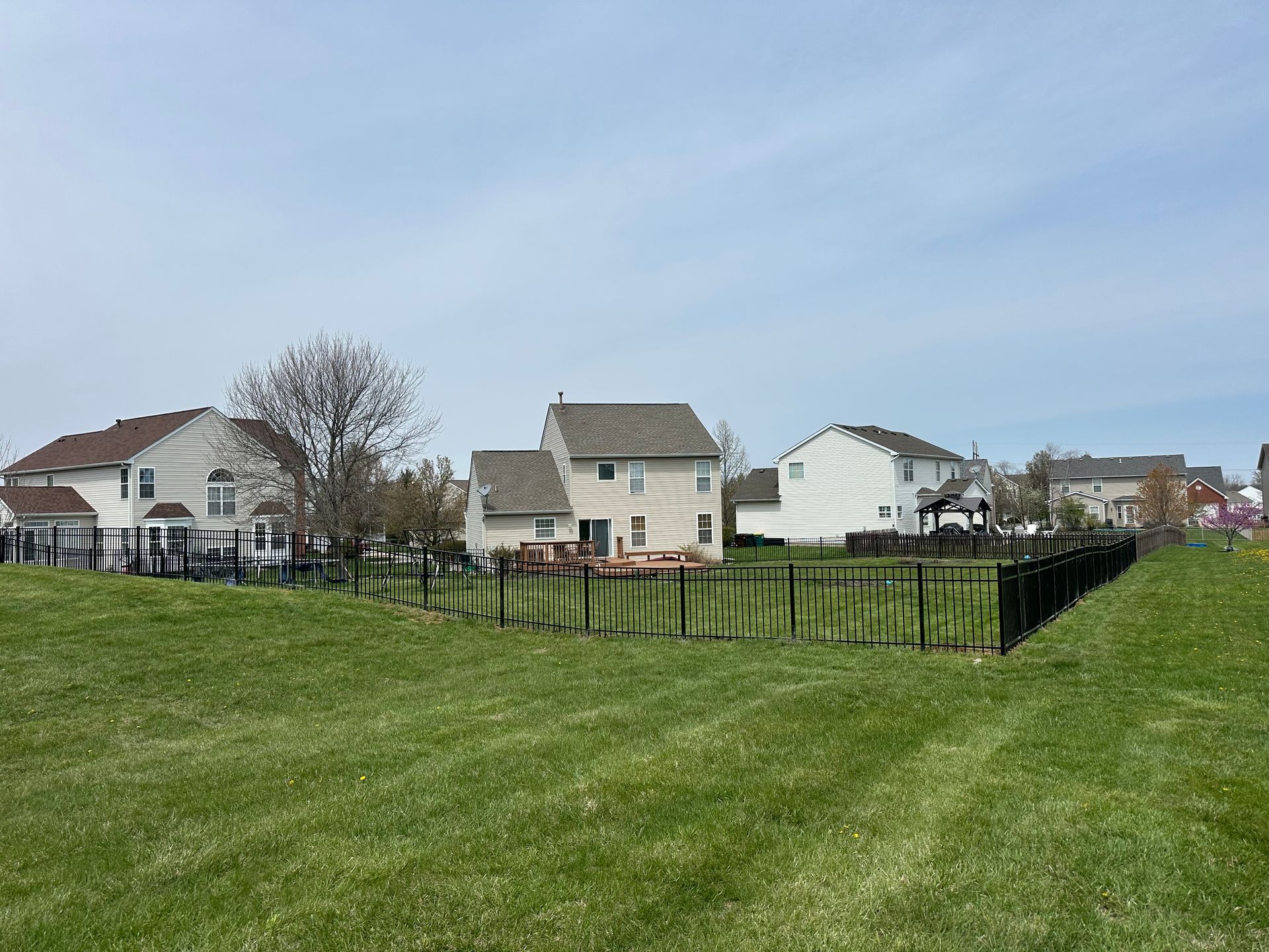 Lawn with a black fence in the foreground, houses in the background under a blue sky.