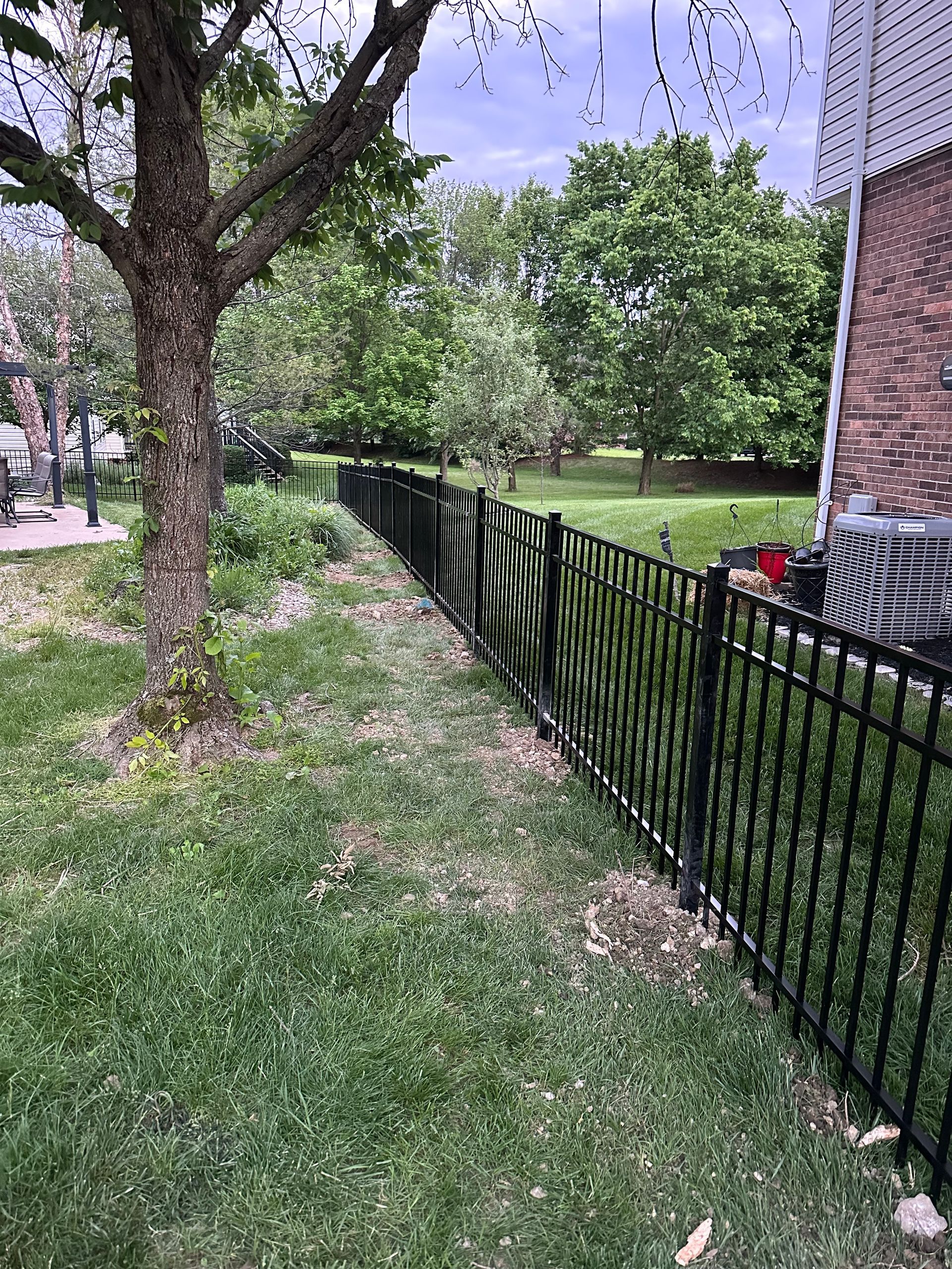 Black metal fence along a grassy yard, with a tree and a brick building visible.