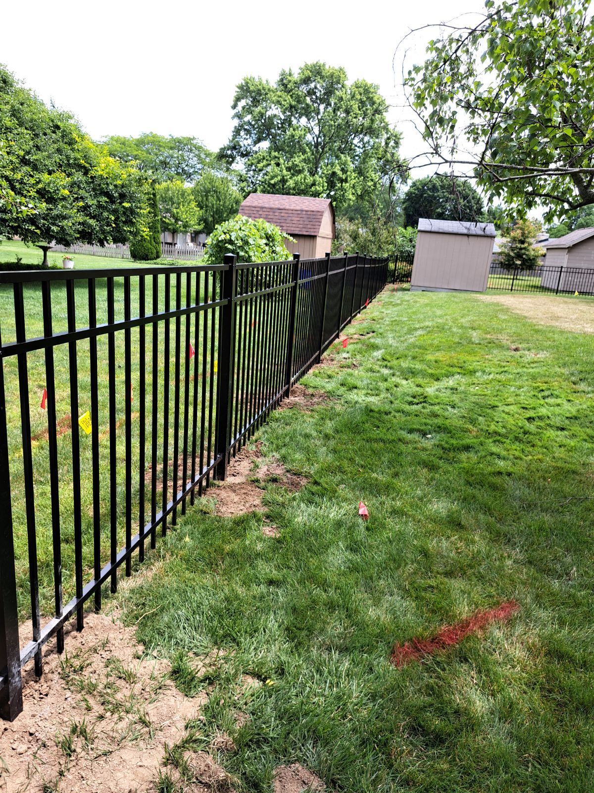 Black metal fence along a grassy yard with houses and trees in the background.