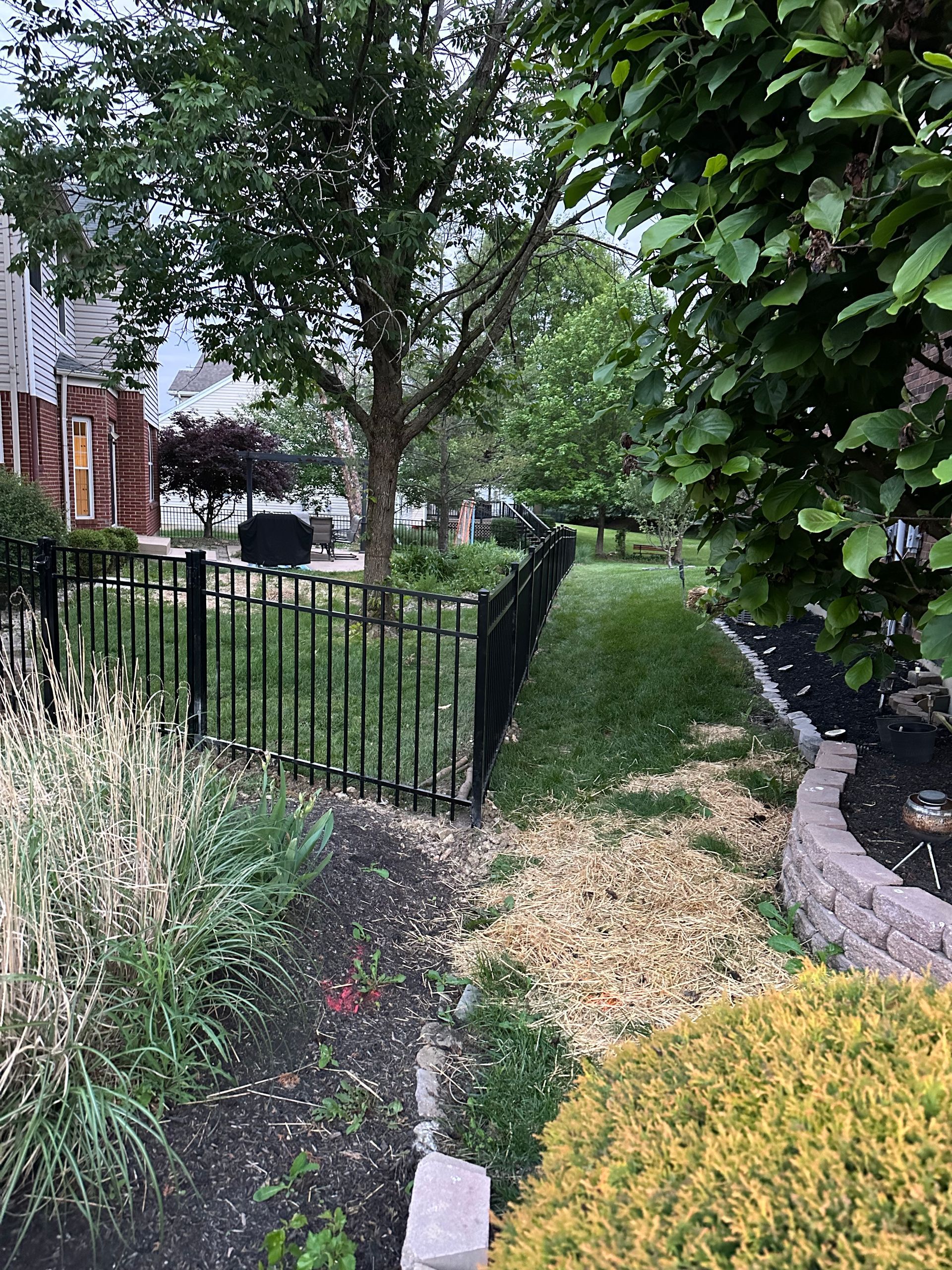 Lawn and garden area with black fence. Brown mulch covers a small pathway. Green trees and foliage are visible.