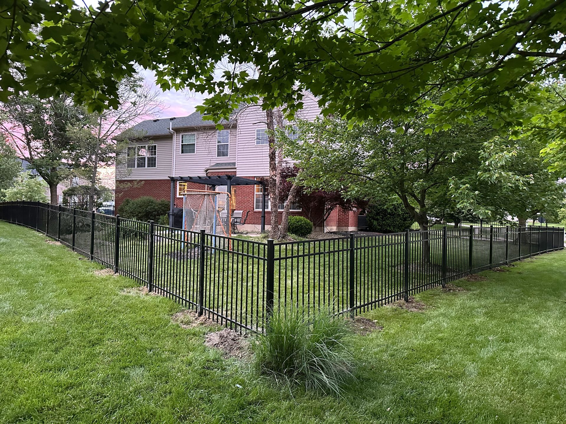Black metal fence surrounds a grassy yard with a two-story house in the background. Green trees and grass.