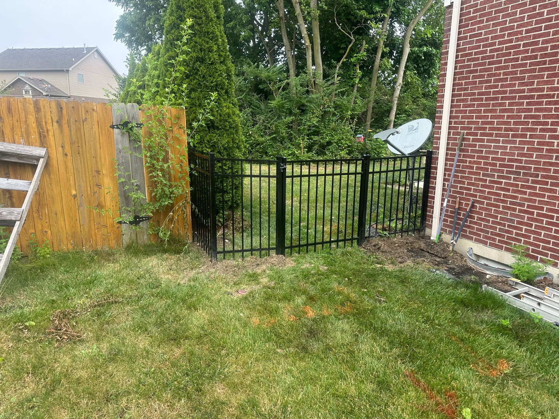 Black metal fence sectioned off area near brick building and wood fence. Tall greenery in the space. Grassy ground.