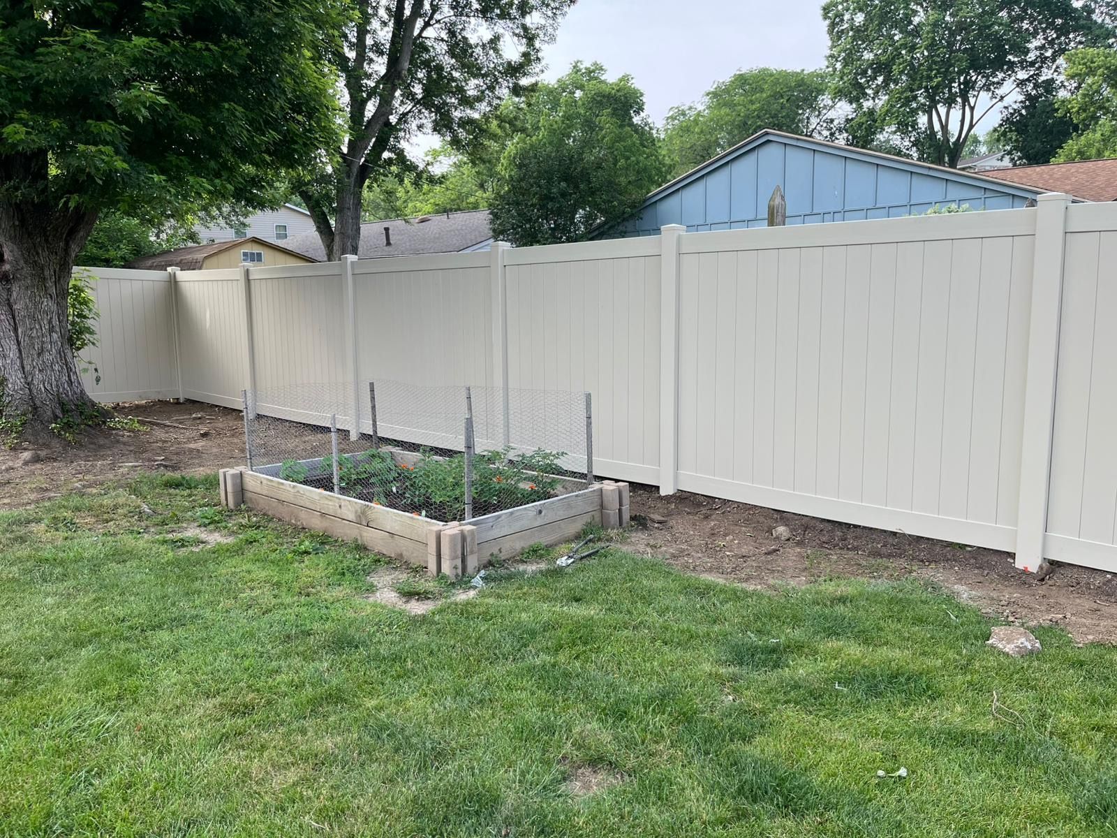Backyard with beige vinyl fence, small garden, and lush green grass.