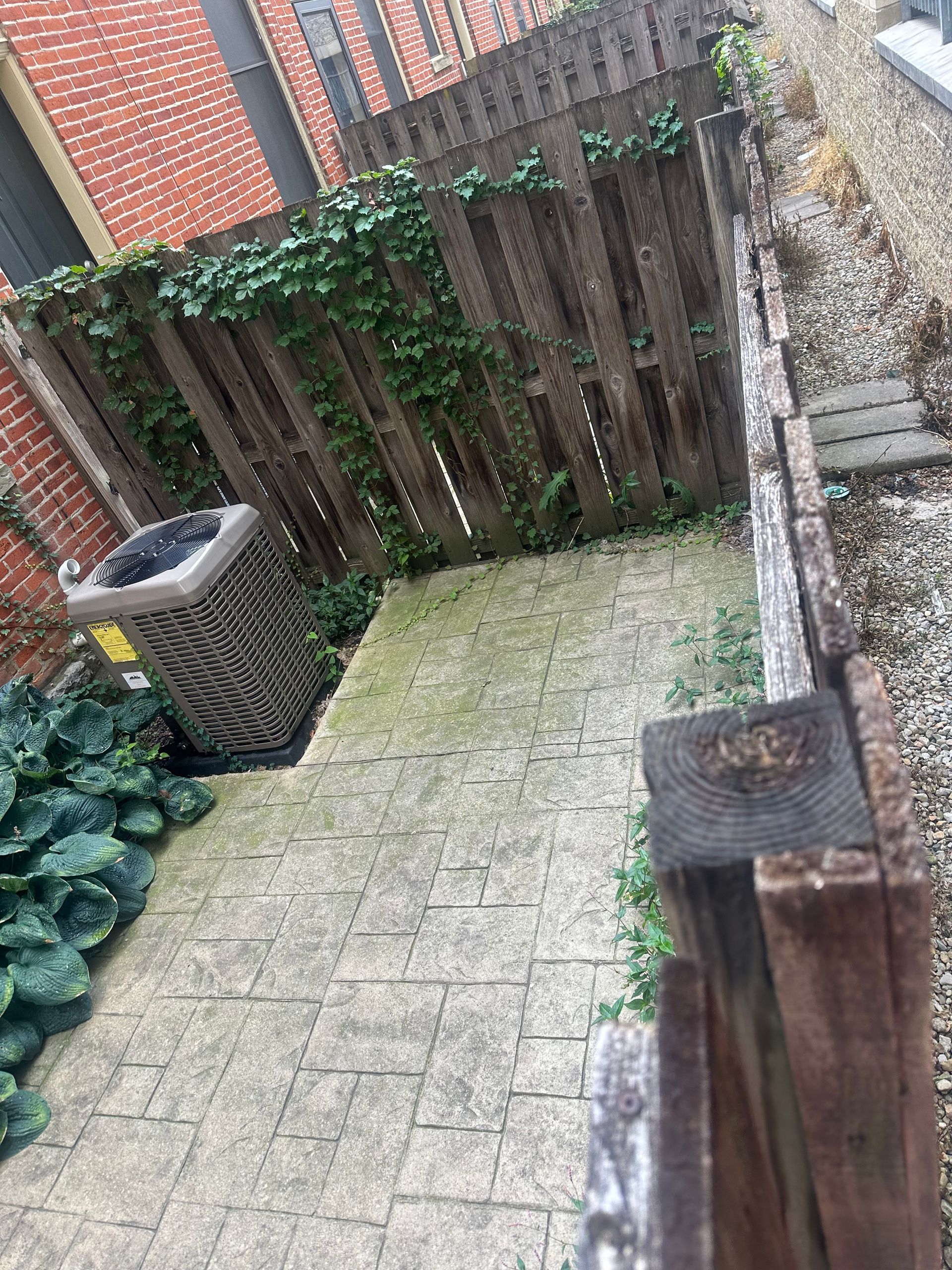 A small, stone-paved patio enclosed by a weathered wooden fence with climbing plants and a brick building in the background.