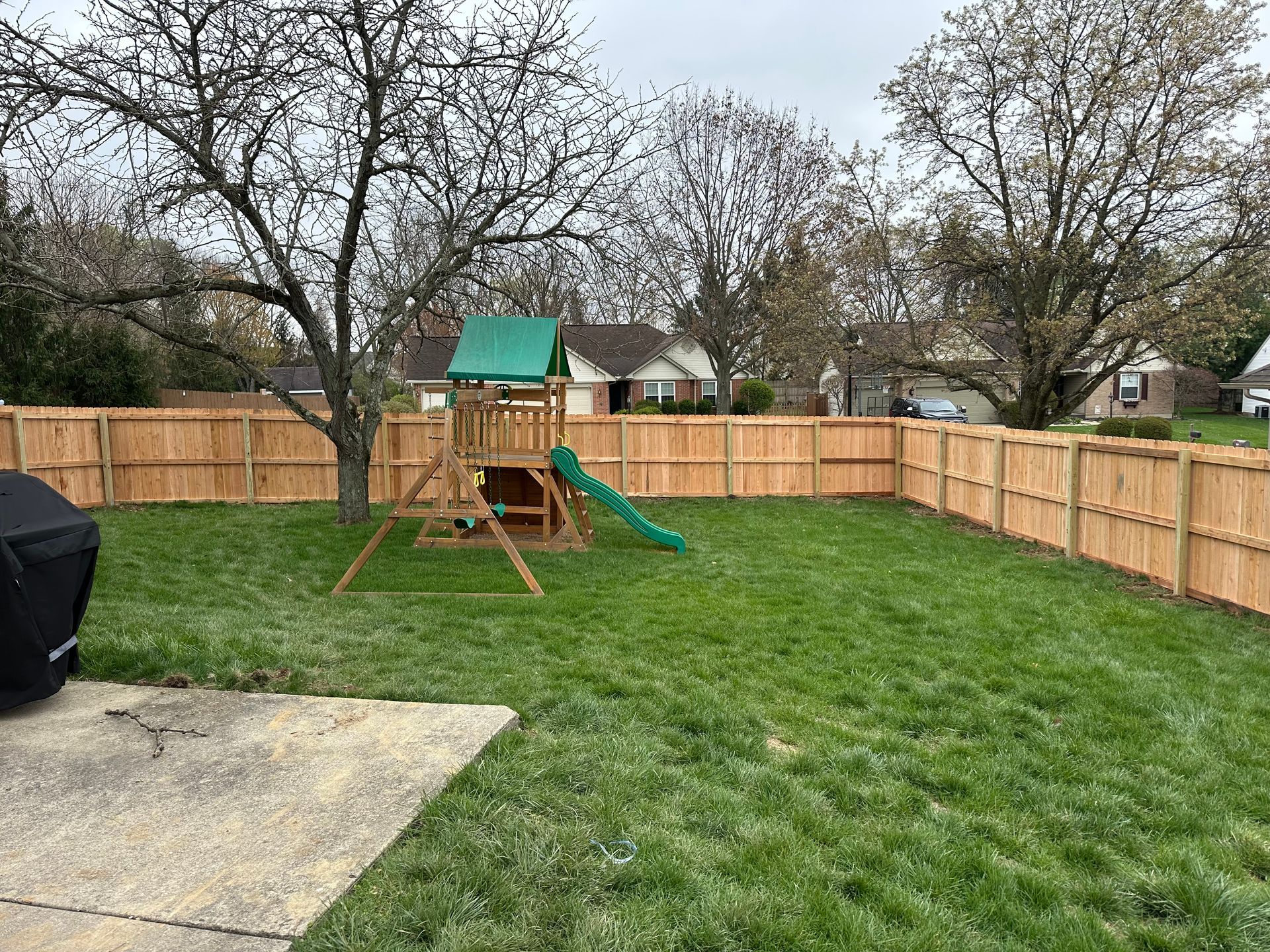 Backyard with wooden fence, play set, green grass, and cloudy sky.