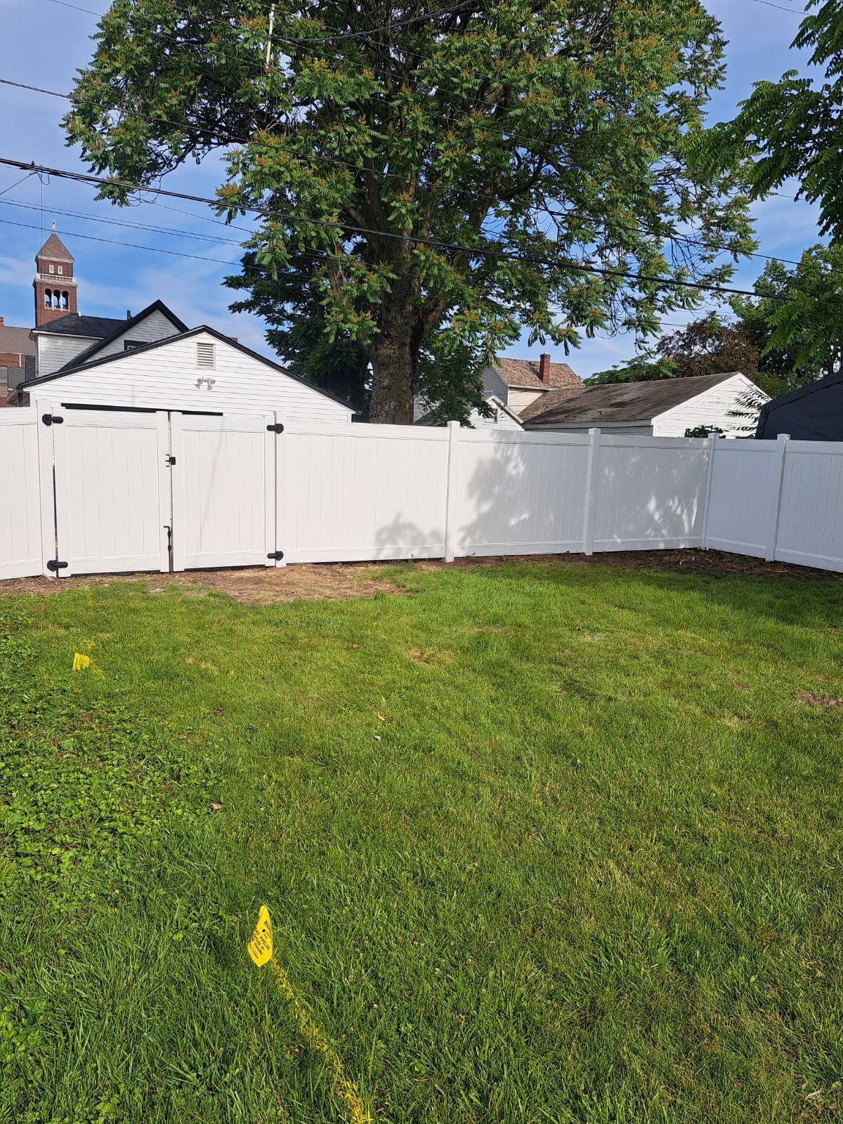 White fence in backyard with green grass, tree, and buildings in the background.