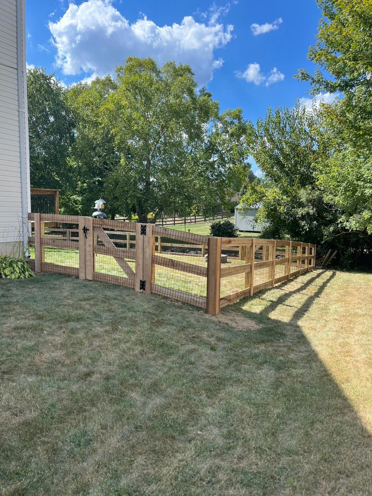 Wooden fence encloses a grassy backyard; trees and blue sky are visible in the background.