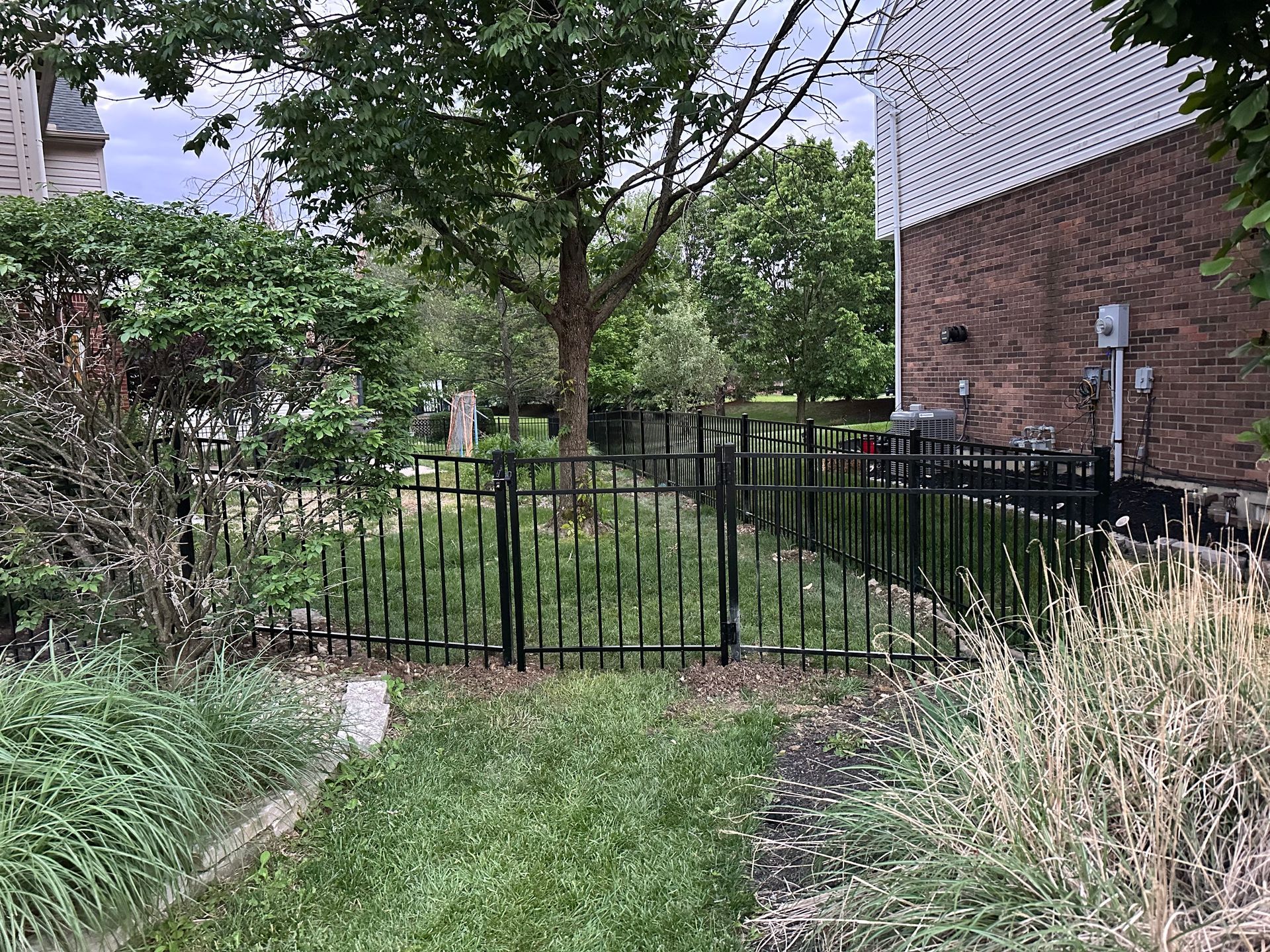 Black metal fence encloses a small overgrown yard with a tree. Brick building to the right, green foliage all around.