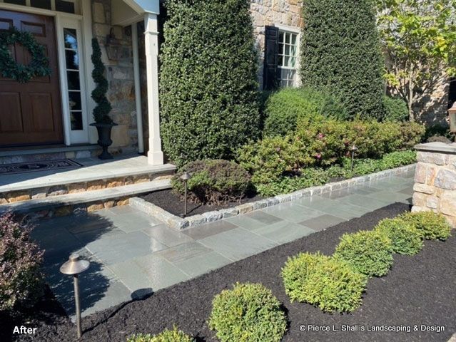 Front walkway with concrete slab ramp, stone edging, and landscaped shrubs beside a house entrance