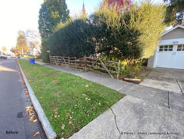 Before-and-after suburban sidewalk and driveway with lawn, wooden fence, hedge, and house garage.