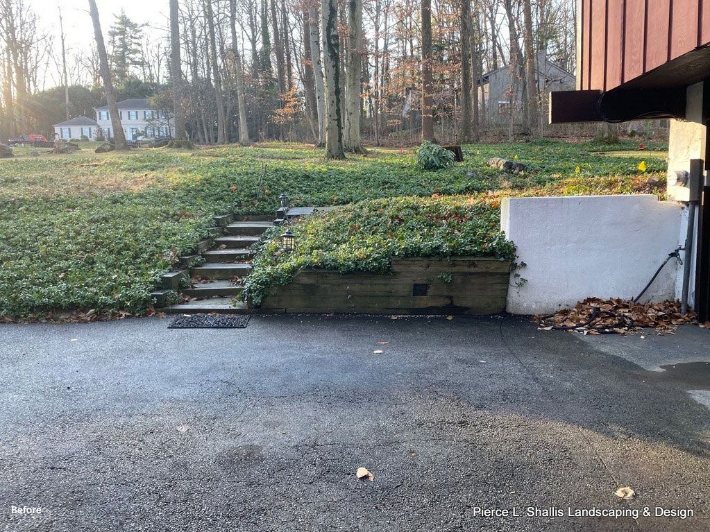 Gravel driveway beside a grassy slope with steps leading up to trees and a house corner on the right