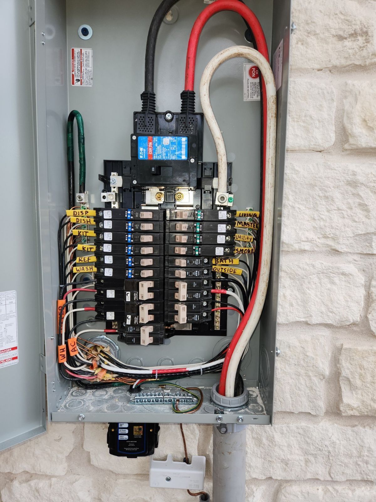 A electrical box with a lot of wires coming out of it.