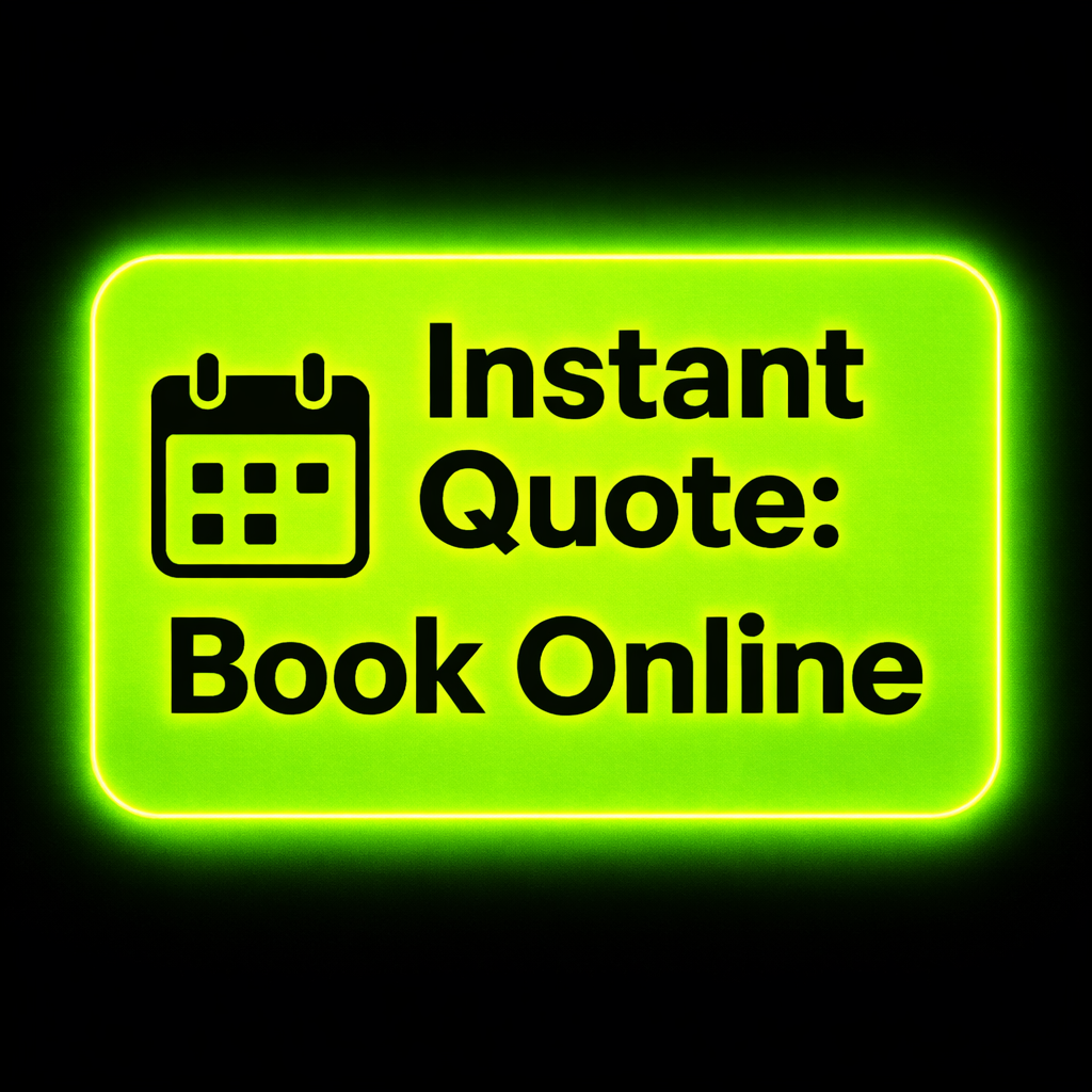 Green button with calendar icon, text Instant Quote: Book Online.