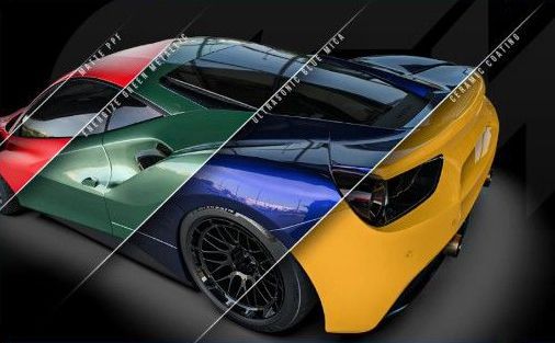 A sports car with four colored sections