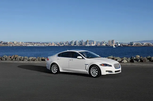 White Jaguar sedan parked near water with a city skyline in the background. Sunny day.