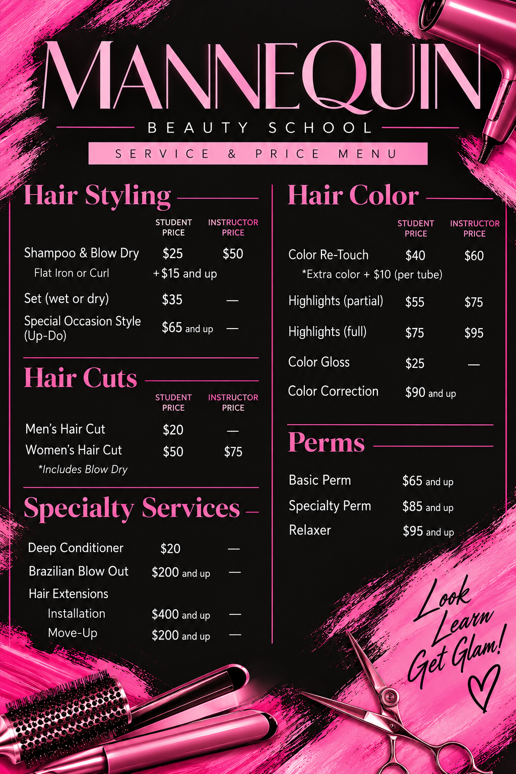 Pink-and-black Manequin Beauty School flyer listing hair styling, hair color, hair cuts, and perms services.