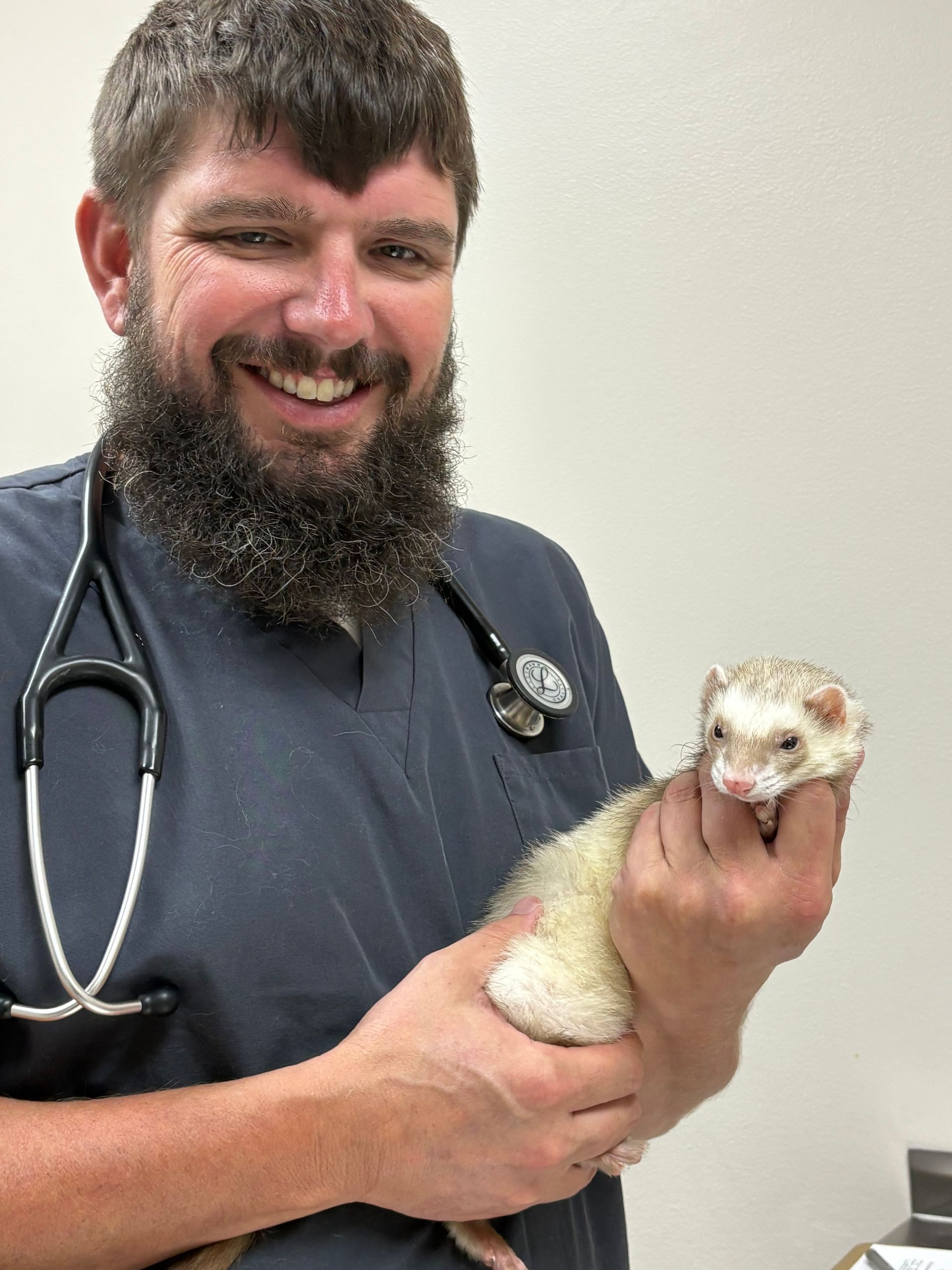 A veterinarian holding a ferret and smiling in a clinic, with a stethoscope around his neck.