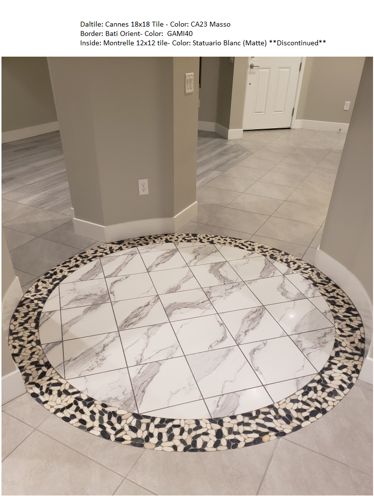 Circular tile design with leopard print border in a hallway setting.