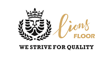 Logo for Lions Floor: lion face with crown, text