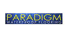 Logo for Paradigm Waterproof Flooring: blue background, gold text reading