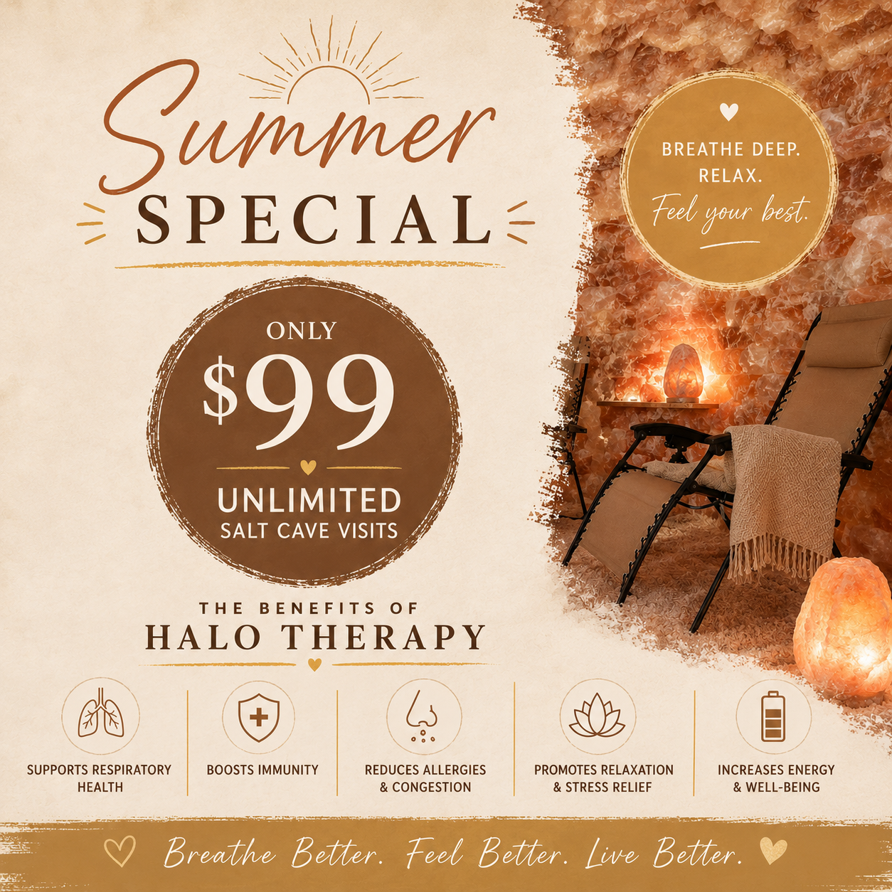 Summer Special salt cave therapy ad with $99 unlimited visits, glowing cave scene and treatment perks.