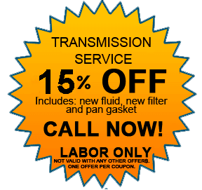 Yellow starburst coupon for transmission service: $15 off, includes fluid, filter, pan gasket, call now.