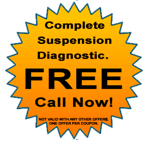 Orange starburst ad reading “Complete Suspension Diagnostic. FREE Call Now!” on a blue background.