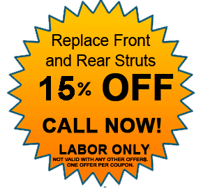 Orange starburst coupon advertising front and rear strut replacement, $15 off, call now, labor only.