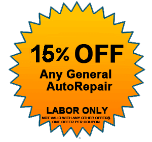 Yellow starburst coupon offering $15 off any general auto repair labor only