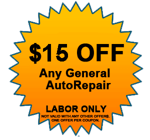 Yellow starburst coupon offering $15 off any general auto repair labor only
