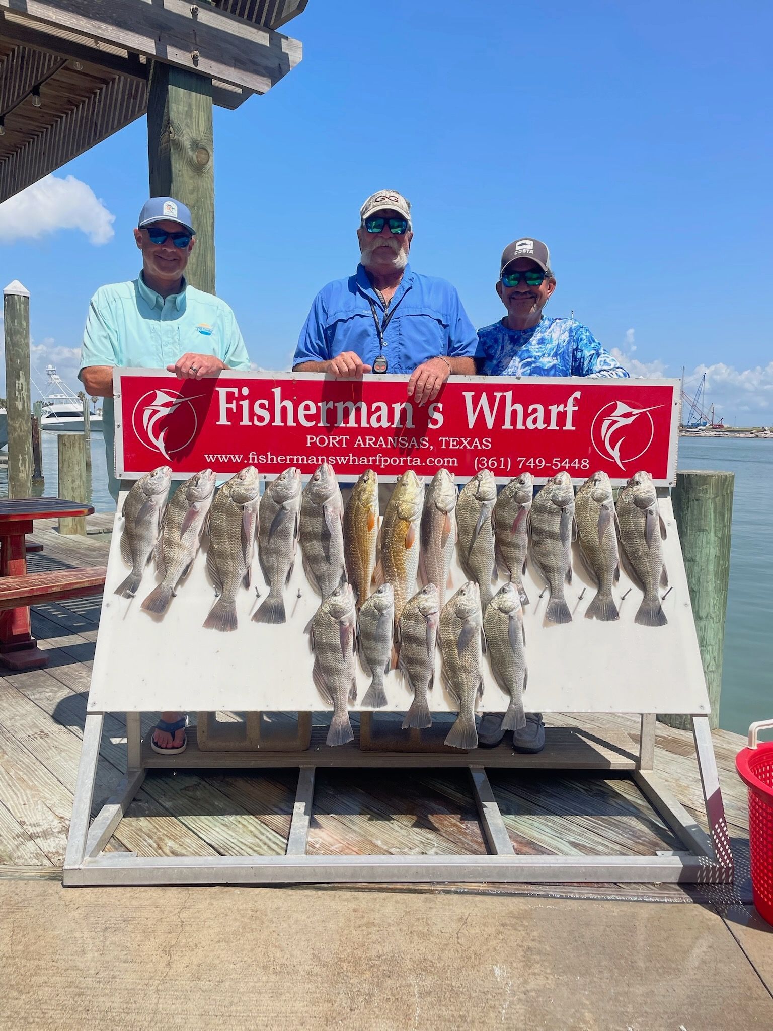Three men are standing next to a sign holding a bunch of fish.