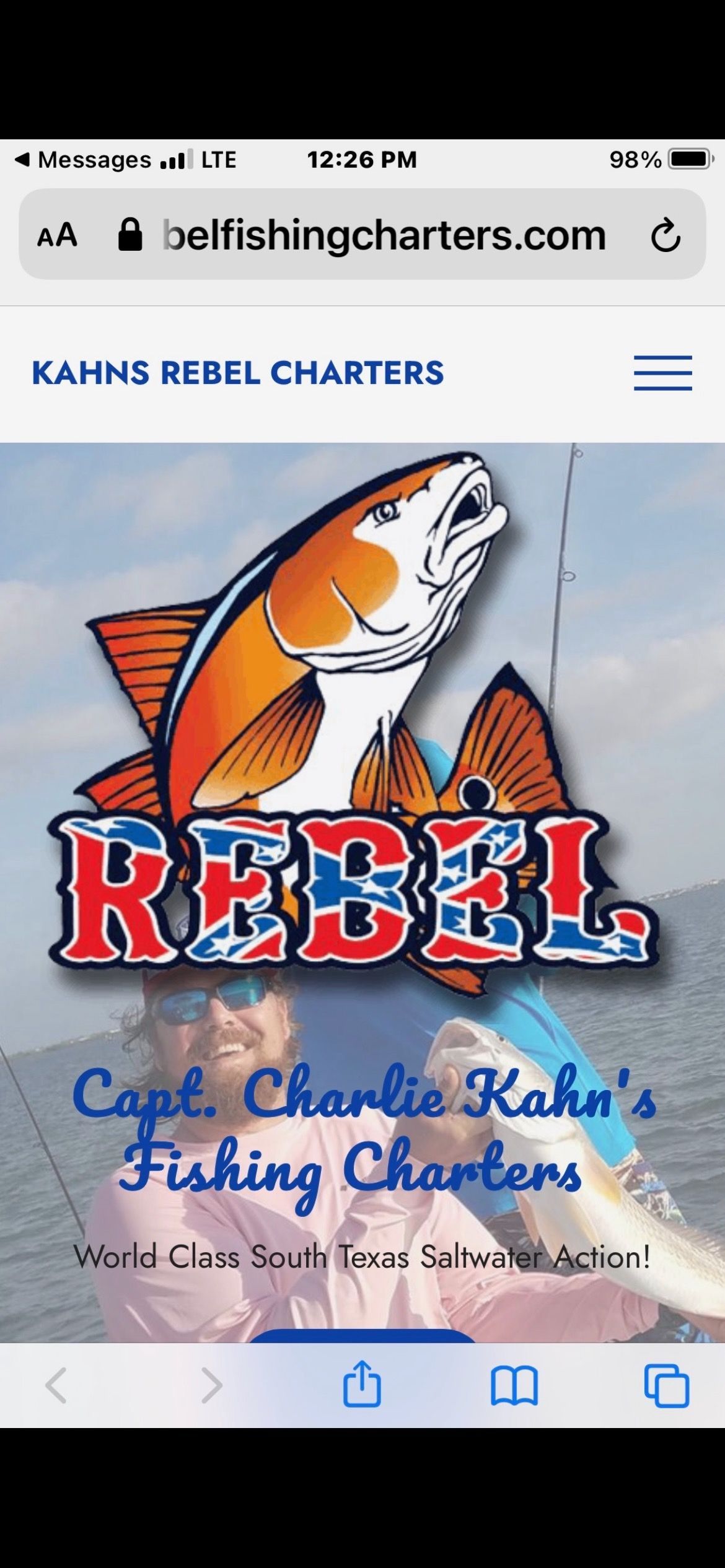 A rebel fishing charters website on a cell phone