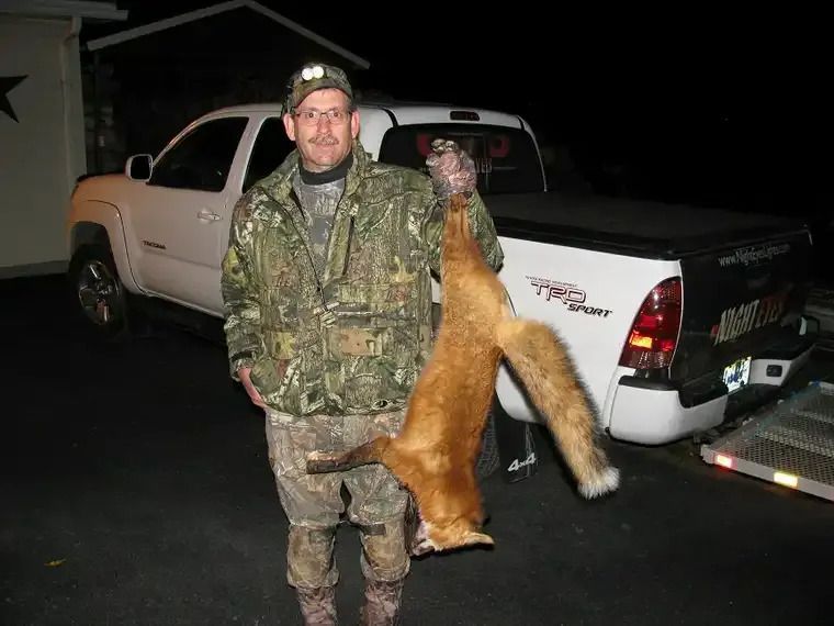Camouflaged hunter holding a fox beside a white pickup truck at night