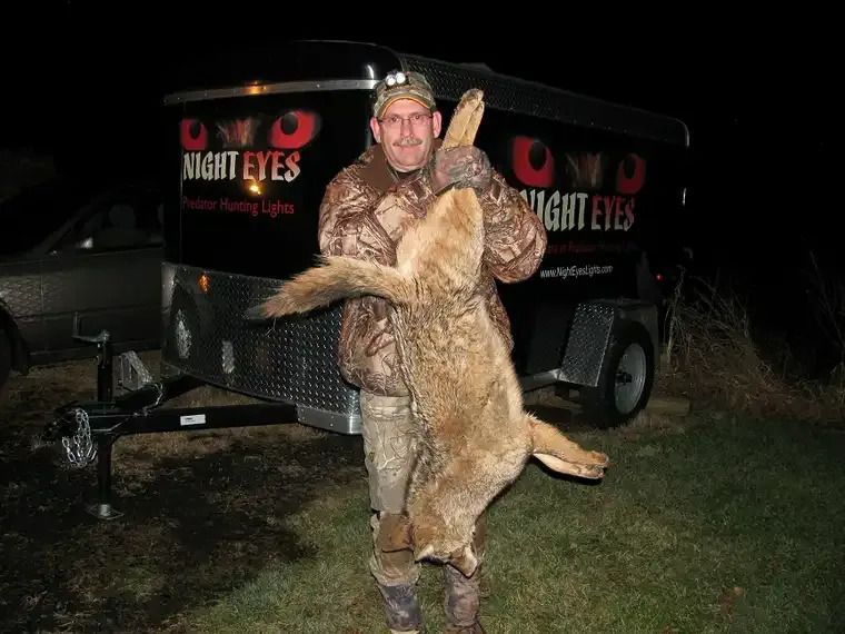 Man holding a large alligator in front of a Night Eyes trailer at night