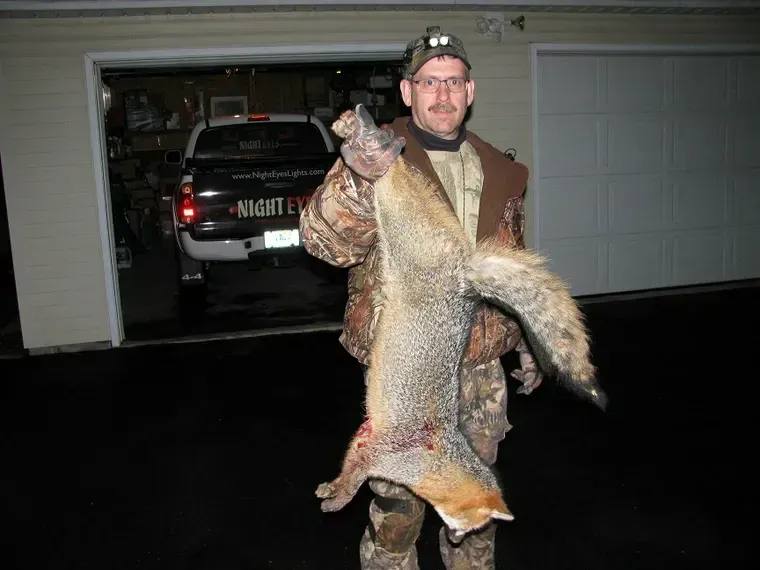 Person in camouflage holding a large coyote by the hind legs in a garage.