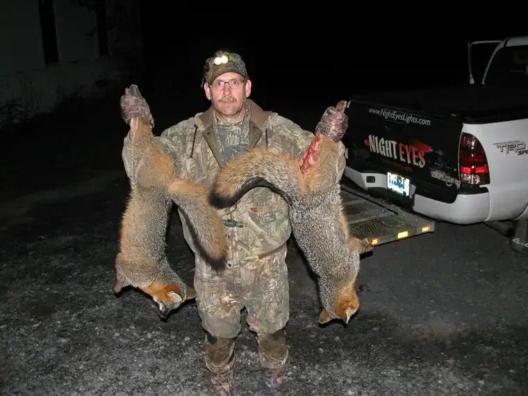 Hunter holding two deer carcasses beside a pickup truck at night