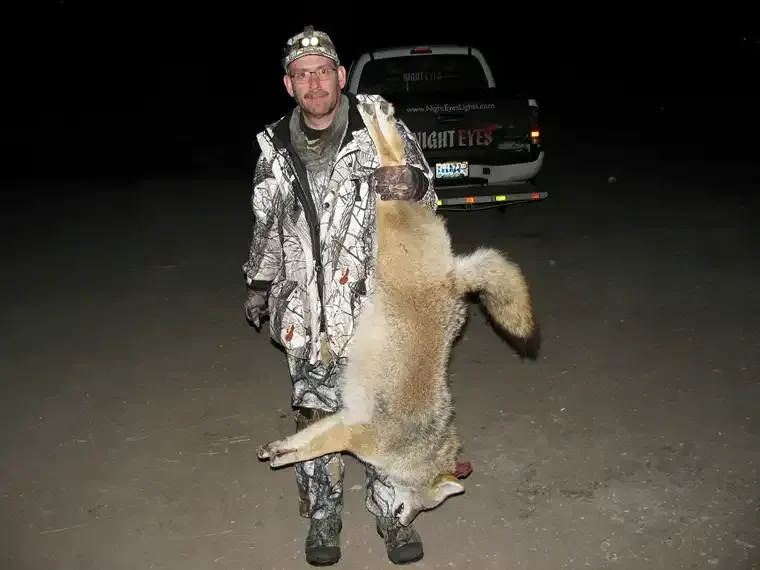 Hunter holding a large dead coyote by the hind legs at night beside a vehicle