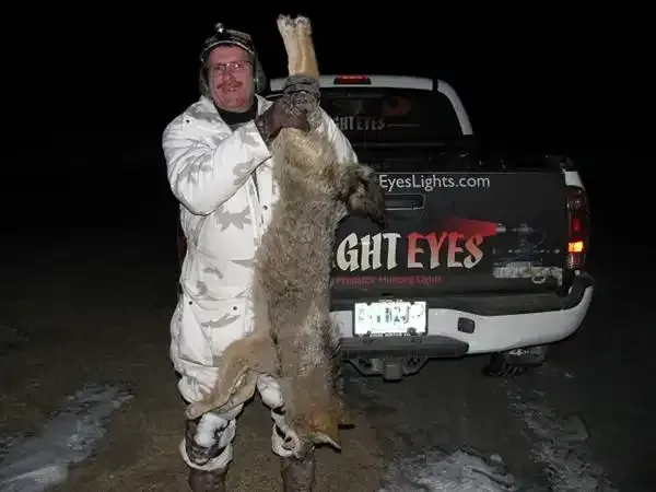 Person in white coat holding a large coyote in front of a pickup truck at night.