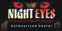 Night Eyes logo with glowing red eyes, slogan, and “Authorized Dealer” text on dark background