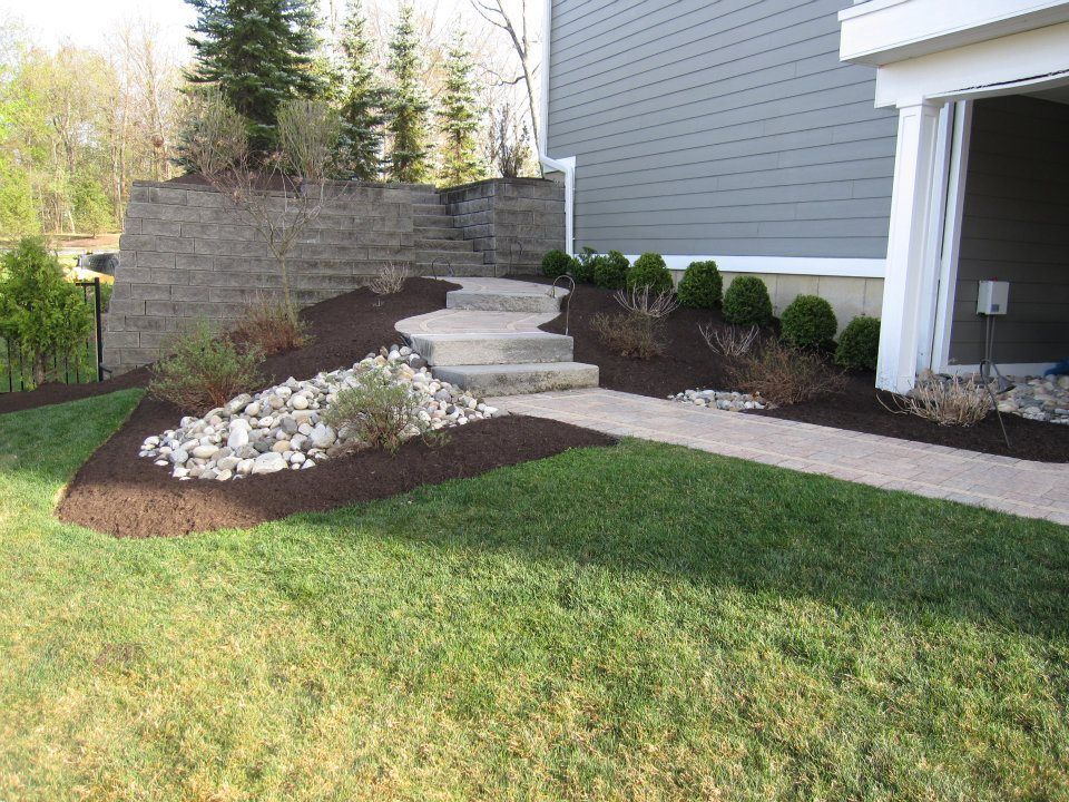 A lawn with a walkway leading to a house