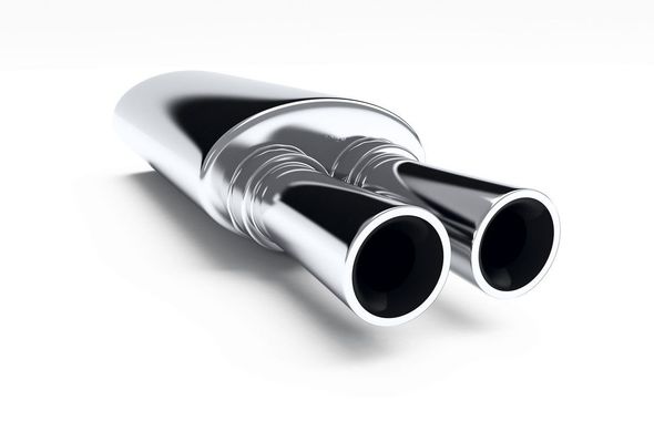 Chrome-finished car exhaust pipe with two outlets, against a white background.