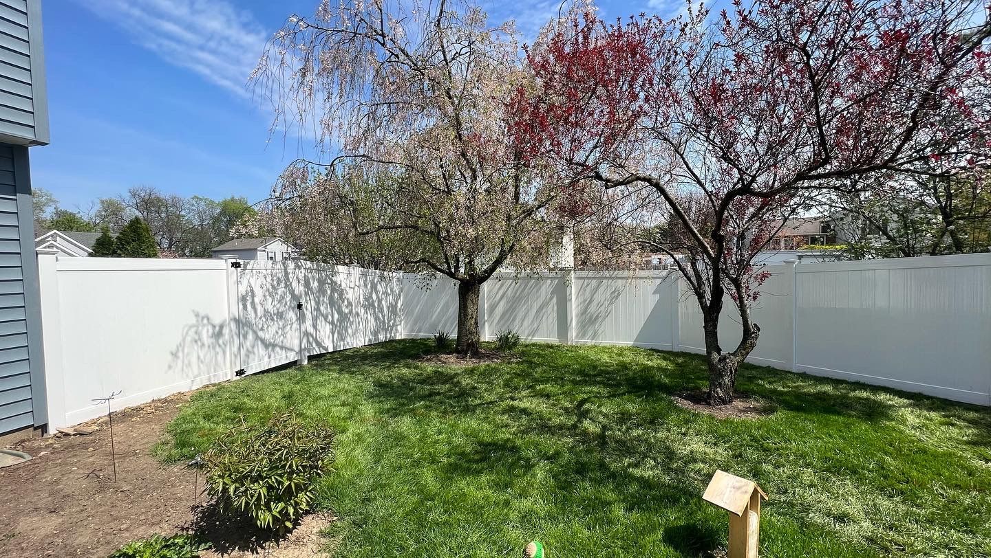 A backyard with a white fence and trees in bloom.
