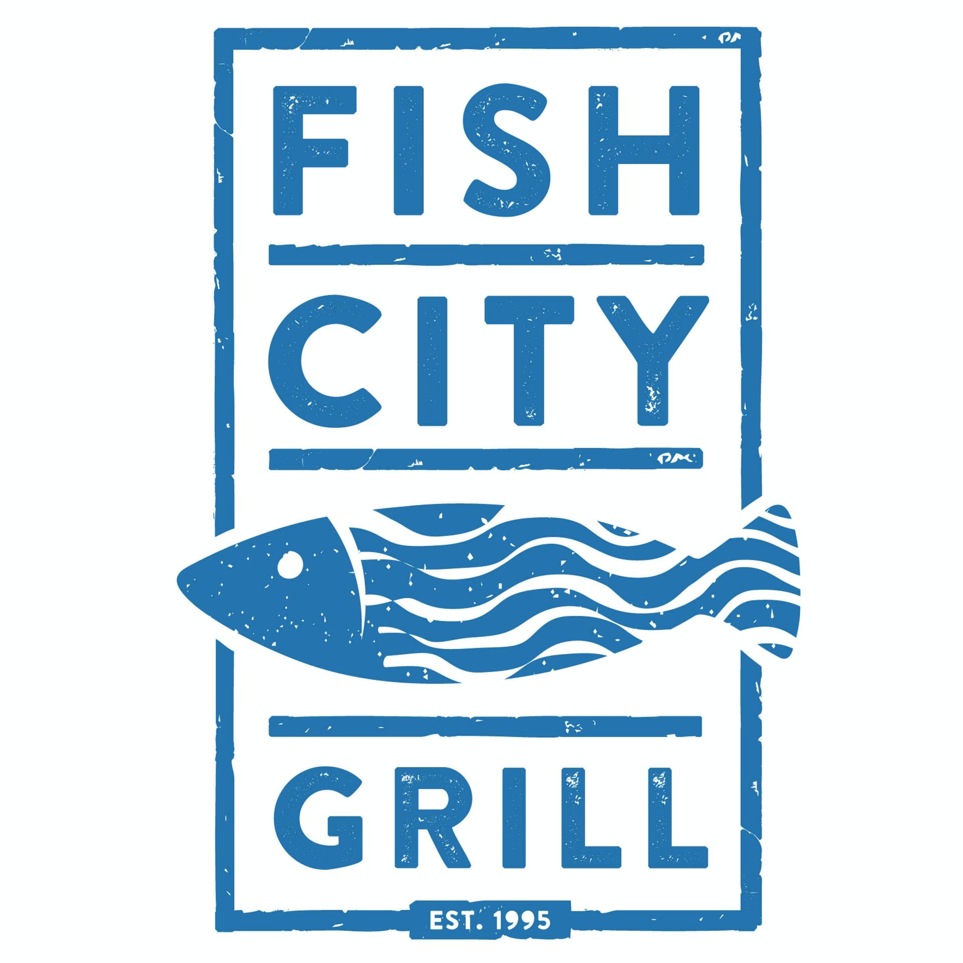 A blue and white logo for fish city grill