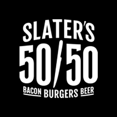 The logo for slater 's 50/50 bacon burgers beer