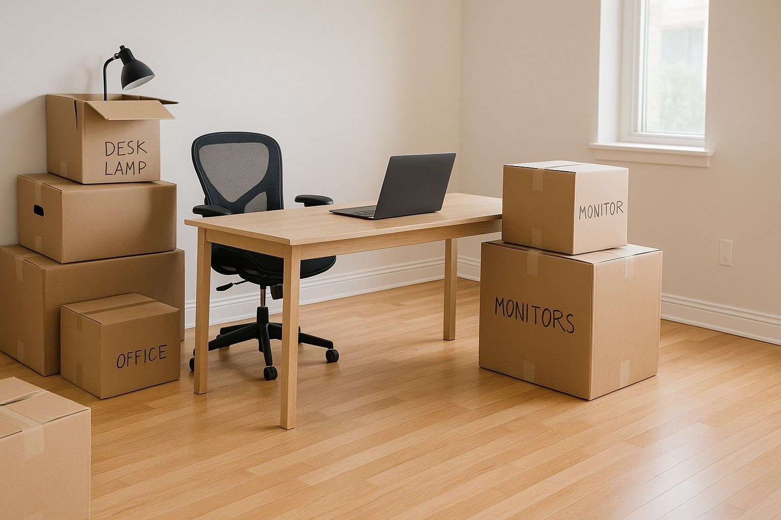 Empty home office with desk, laptop, chair, moving boxes, and a window on the right.