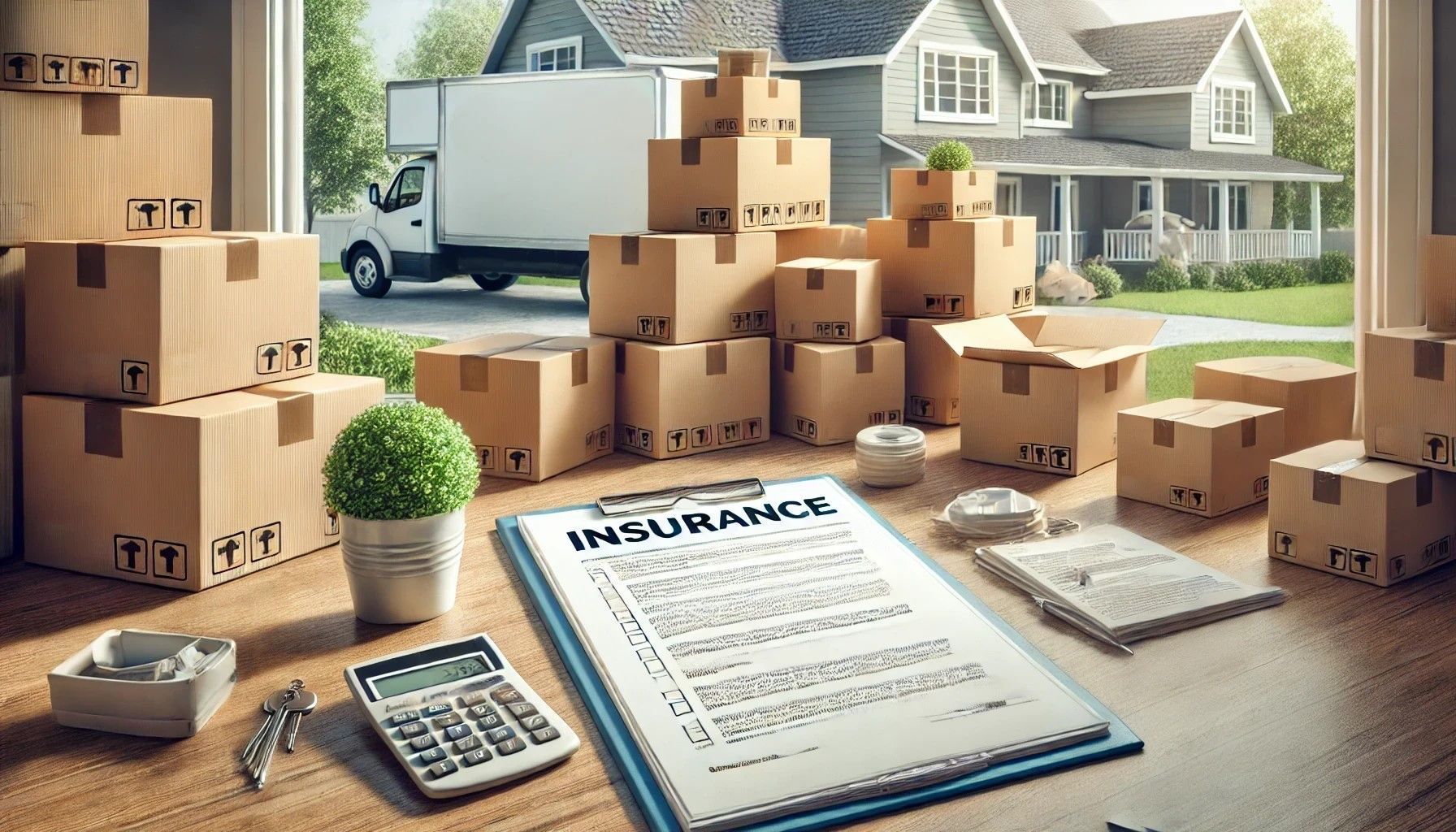 Moving truck, stacked boxes, moving checklist, and calculator on a porch during a house move